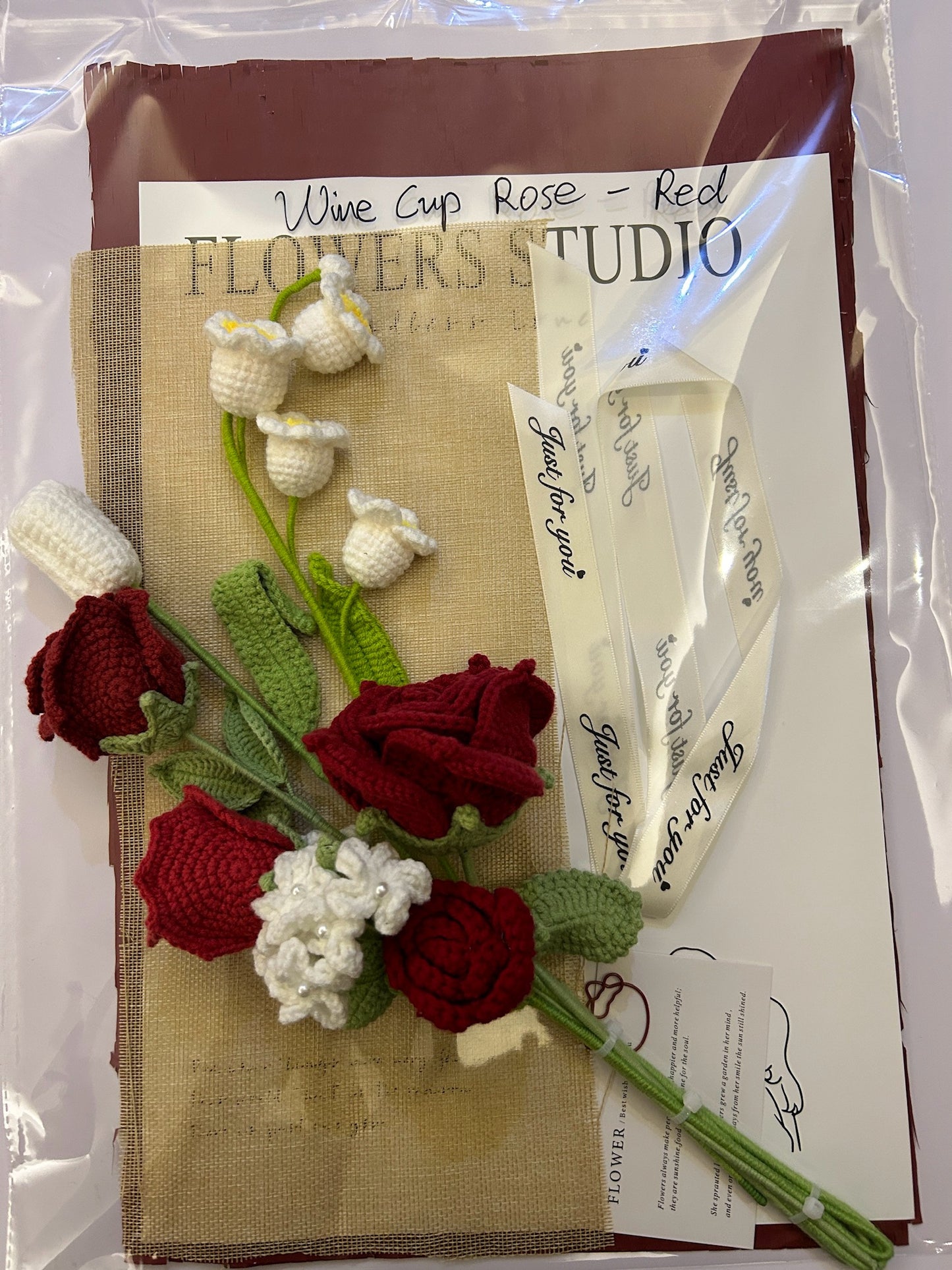 Crocheted Wine Cup Red Rose Flower Bouquet - DIY