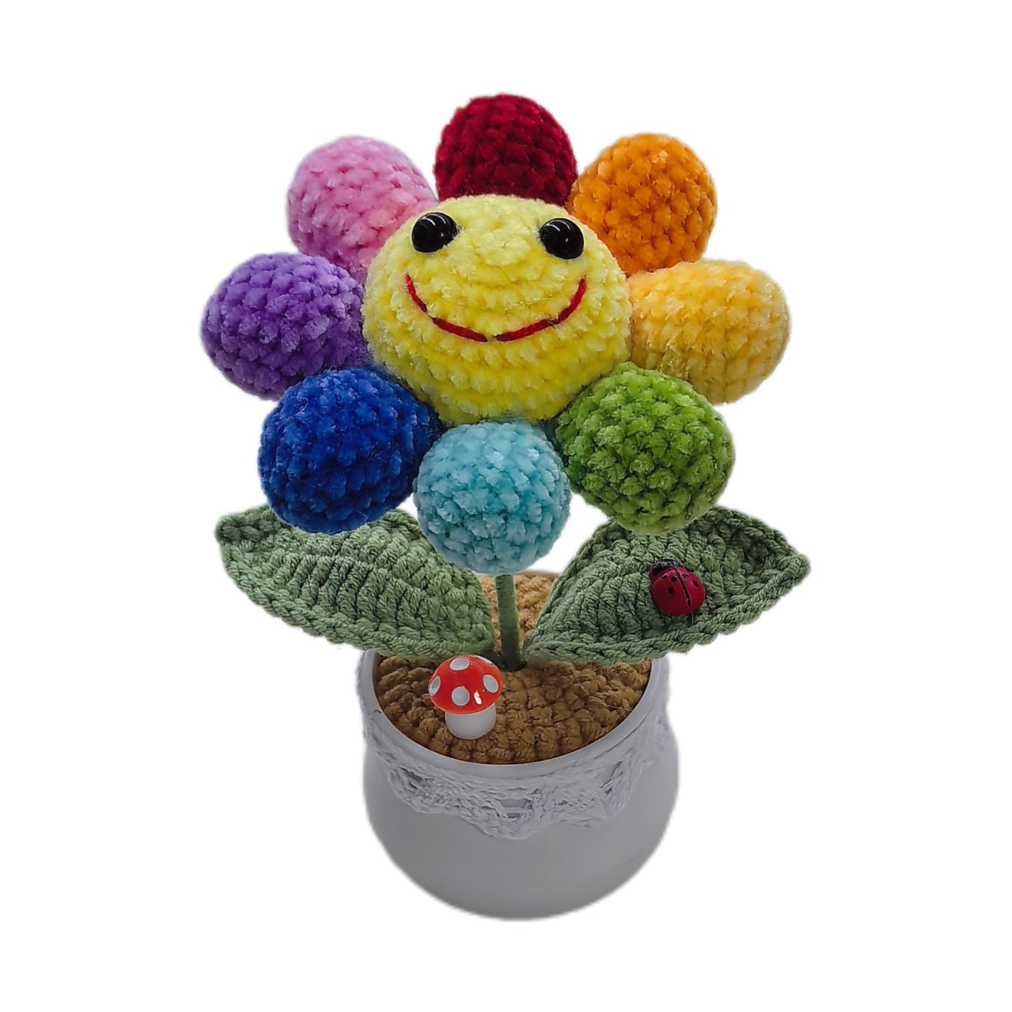 Handmade crocheted wool smiley rainbow sunflower potted plant
