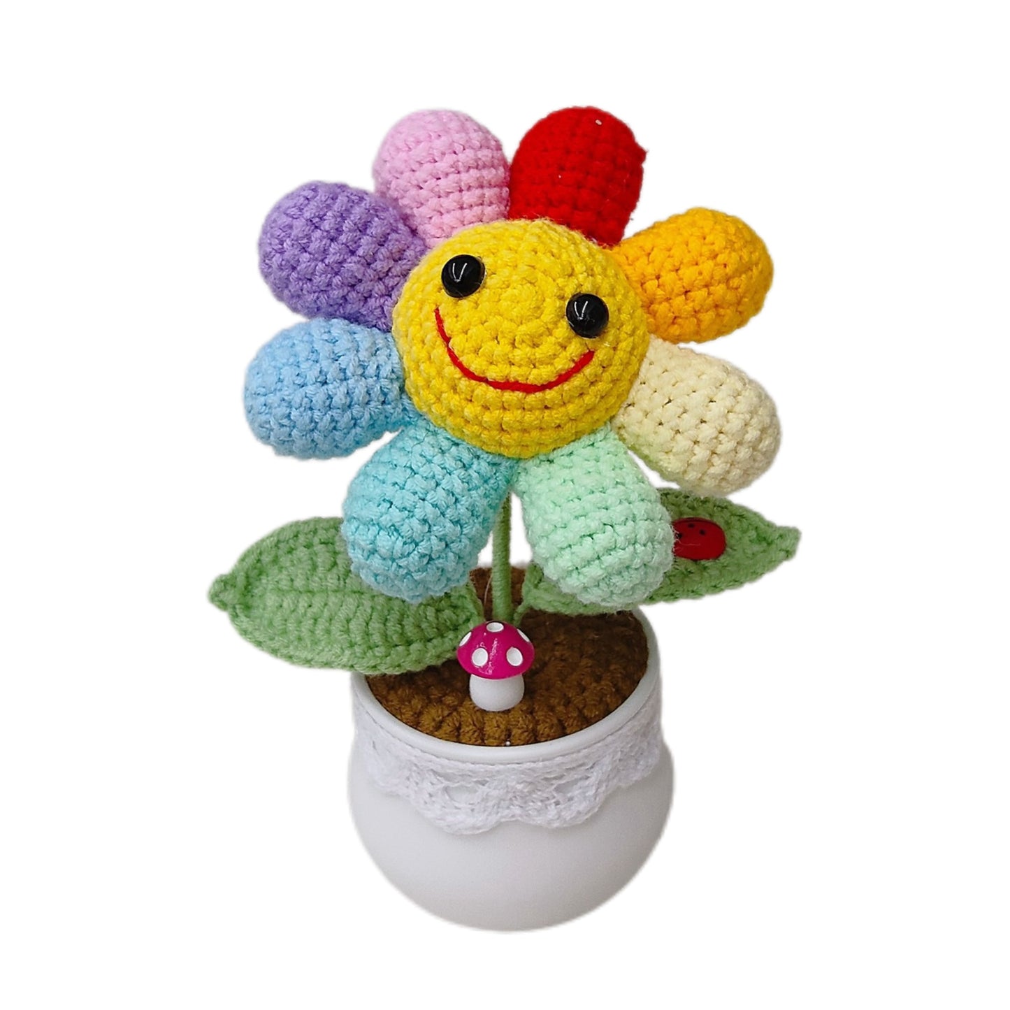 Handmade crocheted wool smiley rainbow sunflower potted plant