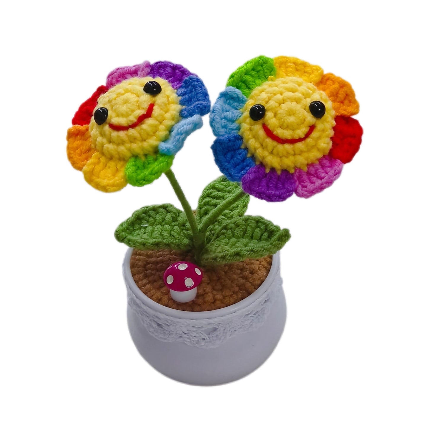 Handmade crocheted wool smiley rainbow sunflower potted plant
