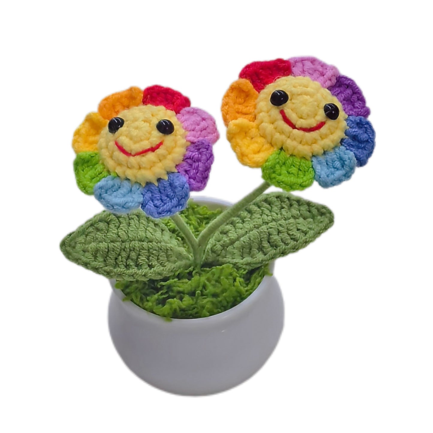 Handmade crocheted wool smiley rainbow sunflower potted plant