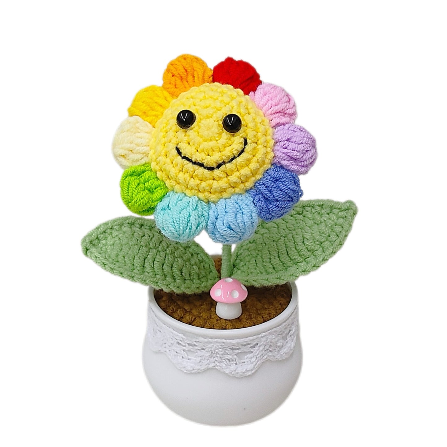 Handmade crocheted wool smiley rainbow sunflower potted plant