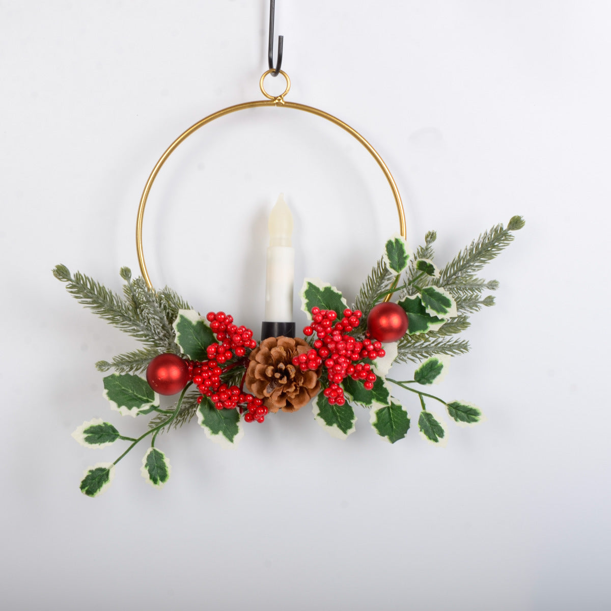 Christmas wreath metal wall hanging simulation plant red fruit pine needles festival layout decoration home holiday party