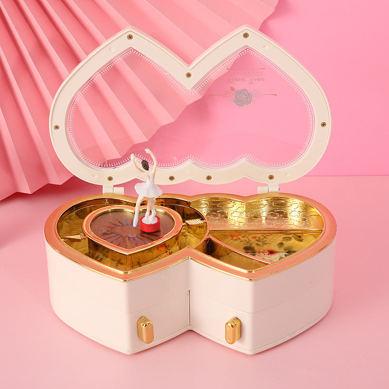 Double Heart Dancing Girl Music Box Jewelry Box