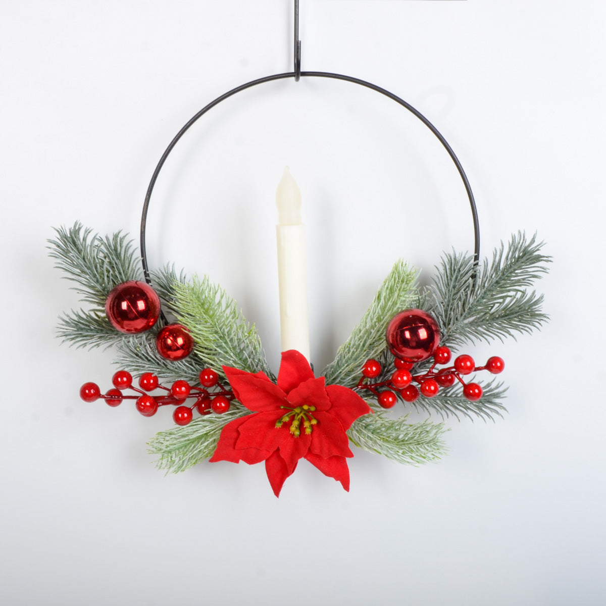 Christmas wreath metal wall hanging simulation plant red fruit pine needles festival layout decoration home holiday party