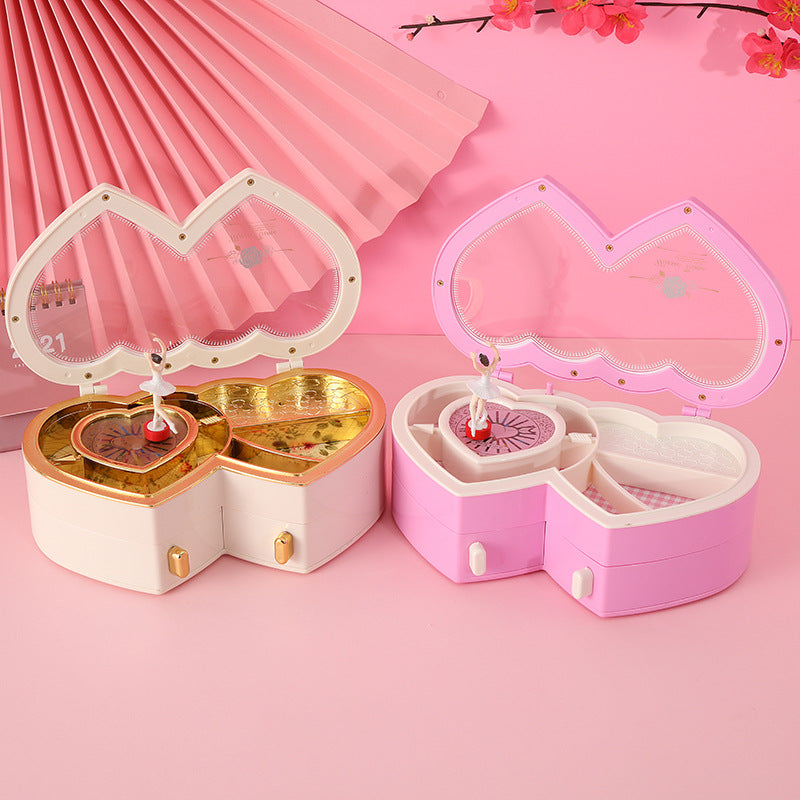 Double Heart Dancing Girl Music Box Jewelry Box