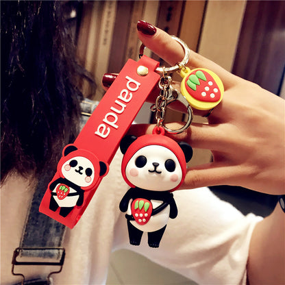 Cute school bag panda doll pvc key pendant