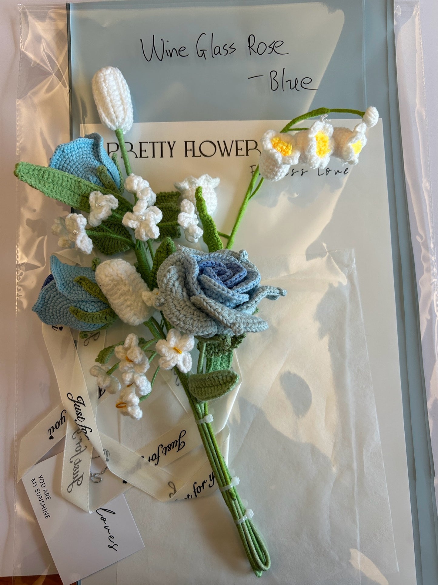 Crocheted  Wine Cup Blue Rose Flower Bouquet - DIY