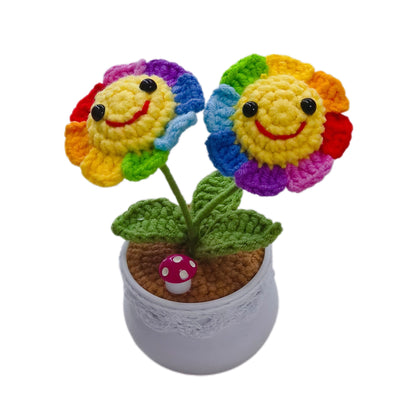 Handmade crocheted wool smiley rainbow sunflower potted plant