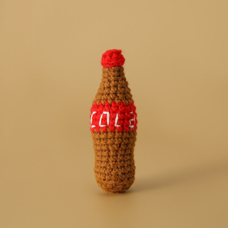 Crocheted meal pendant, small hamburger, chicken legs, French fries, and cola