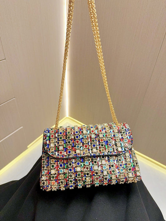 Chain handbag, fashionable shoulder bag, crossbody bag, small bag, diamond-encrusted evening bag