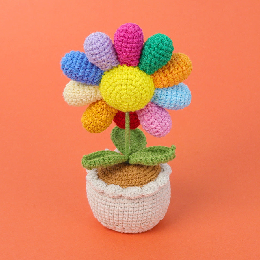 Hand-crocheted 10-color sunflower potted plant with smiling face