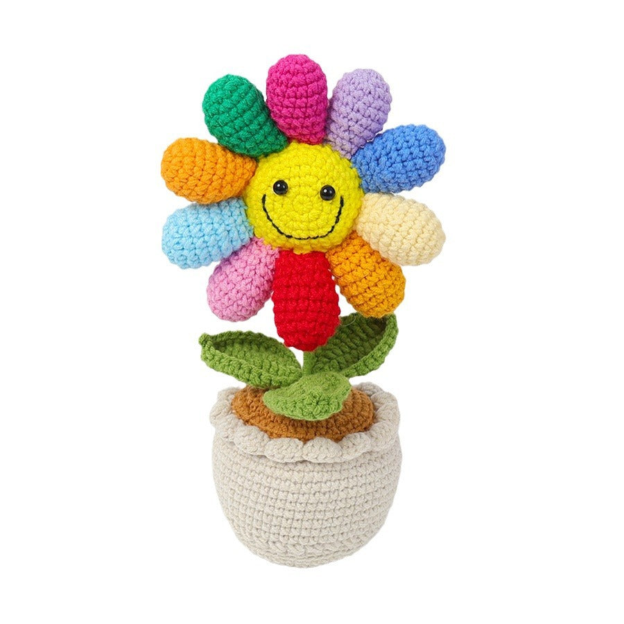 Hand-crocheted 10-color sunflower potted plant with smiling face