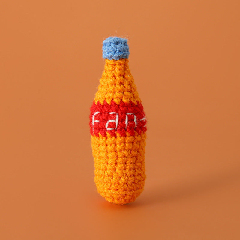 Crocheted meal pendant, small hamburger, chicken legs, French fries, and cola