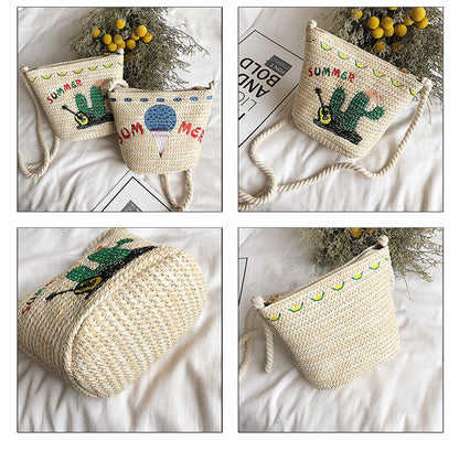 Summer small bag  straw bucket bag embroidered woven crossbody bag