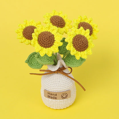 Handmade crocheted wool sunflower potted plant