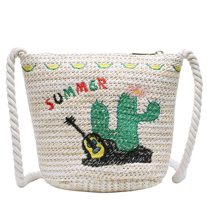 Summer small bag  straw bucket bag embroidered woven crossbody bag