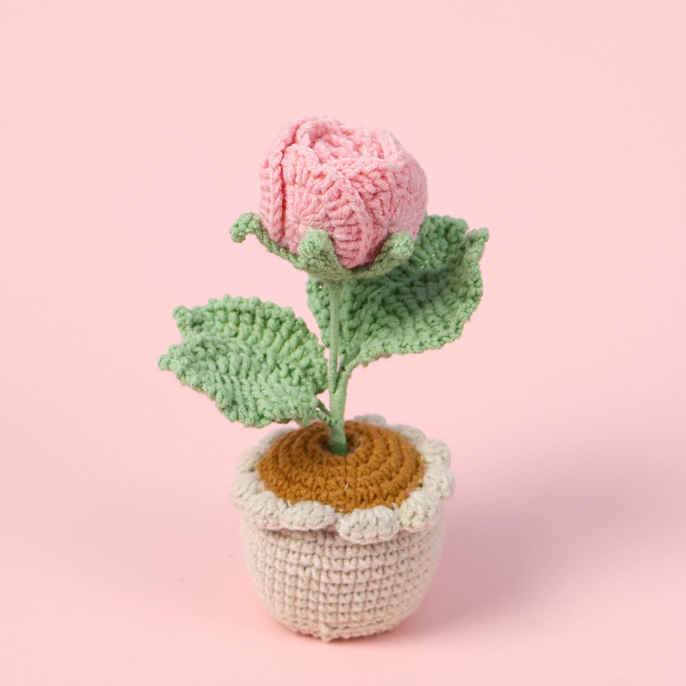 Handmade Crocheted Wine Glass Rose Potted Plant