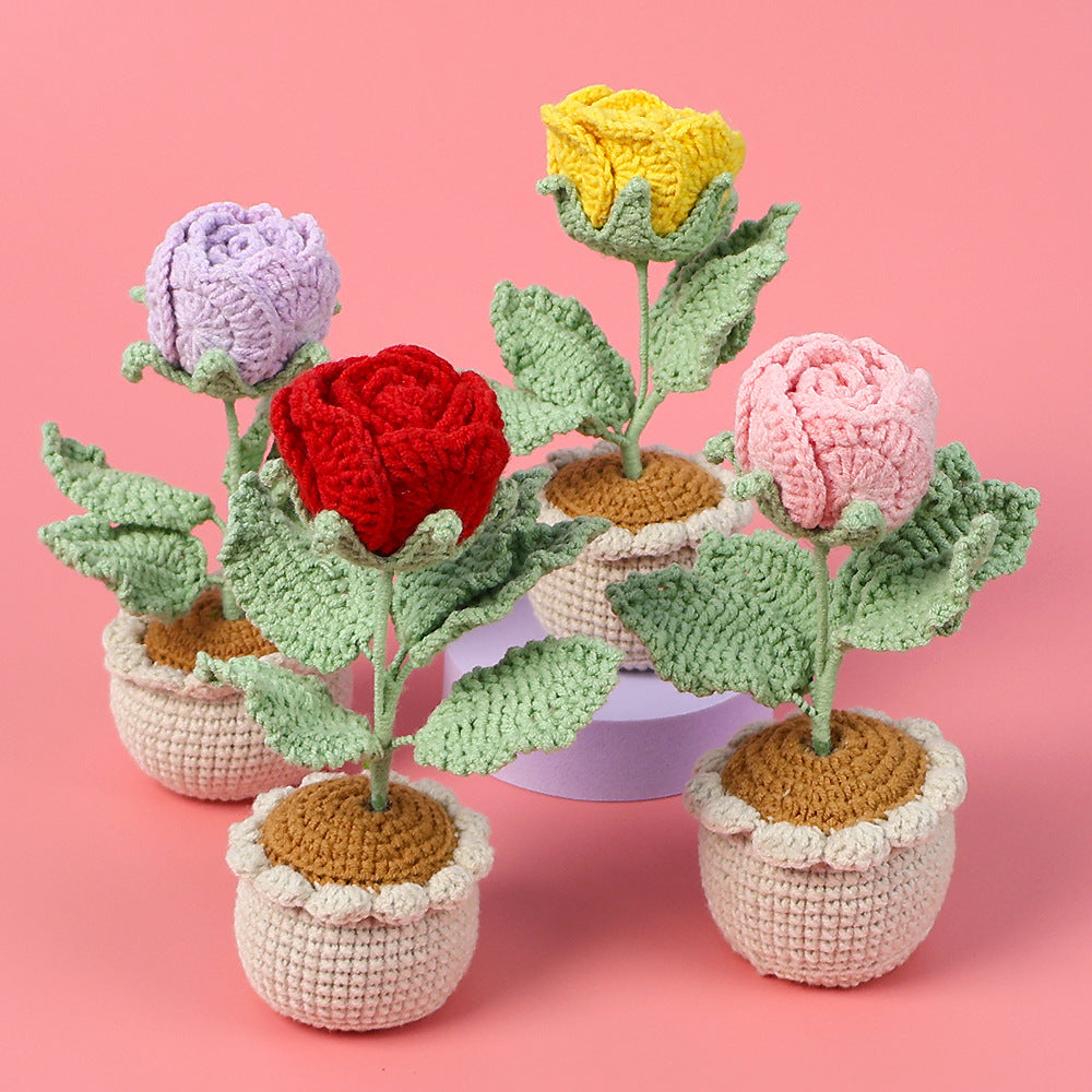 Handmade Crocheted Wine Glass Rose Potted Plant