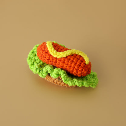 Crocheted meal pendant, small hamburger, chicken legs, French fries, and cola