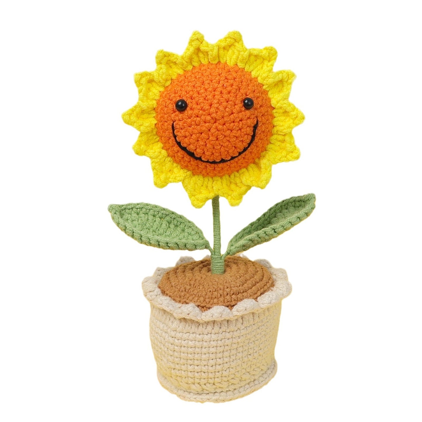 Handmade crocheted sunflower potted plant with smiling face