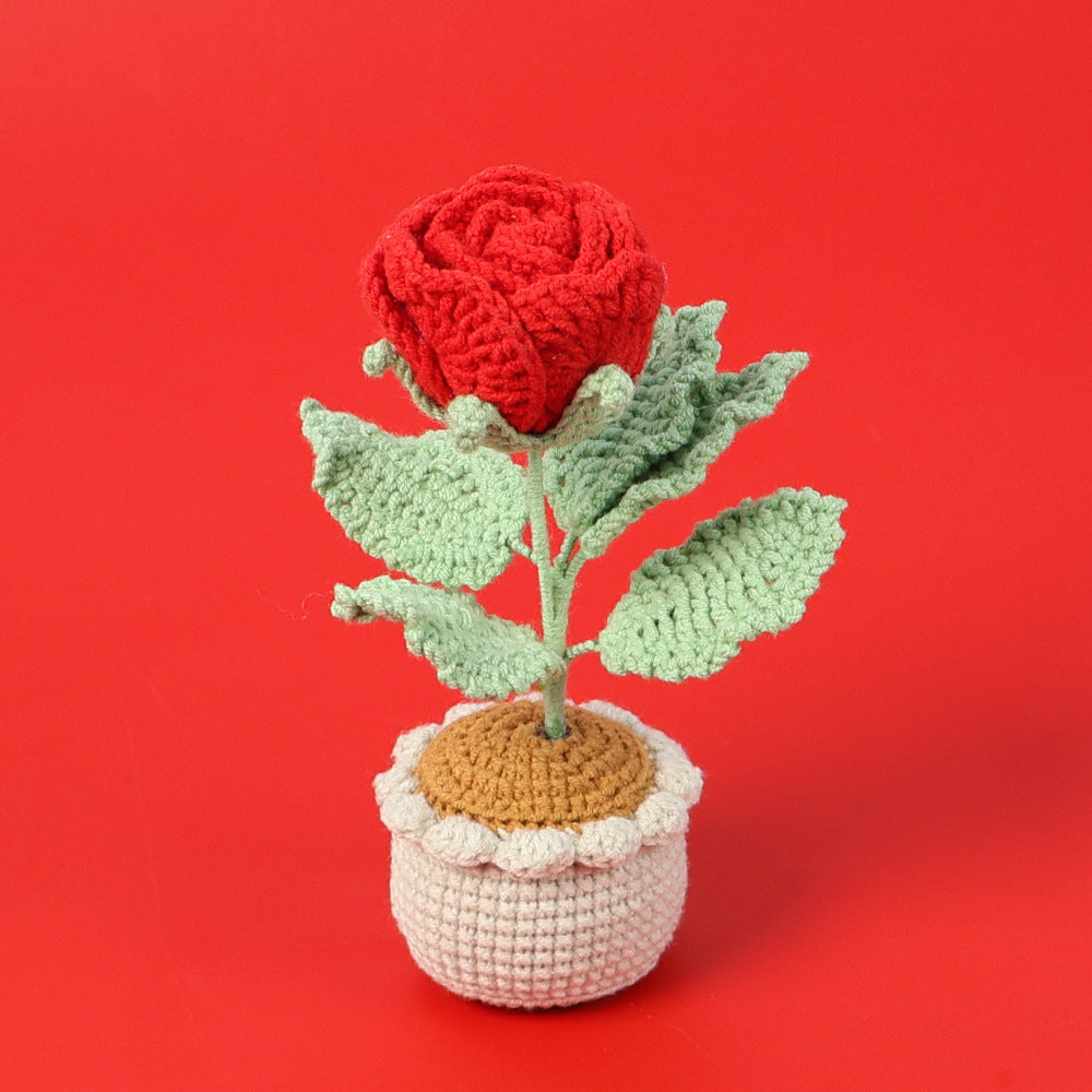 Handmade Crocheted Wine Glass Rose Potted Plant