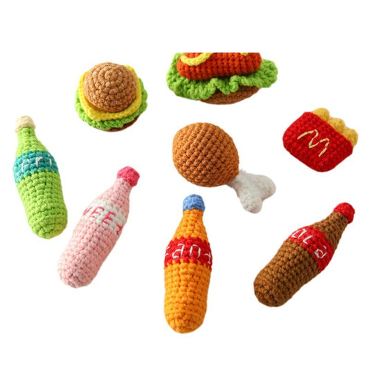 Crocheted meal pendant, small hamburger, chicken legs, French fries, and cola