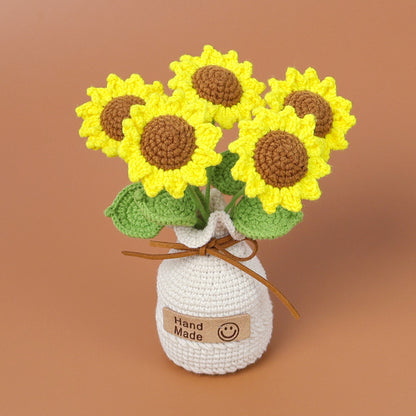 Handmade crocheted wool sunflower potted plant