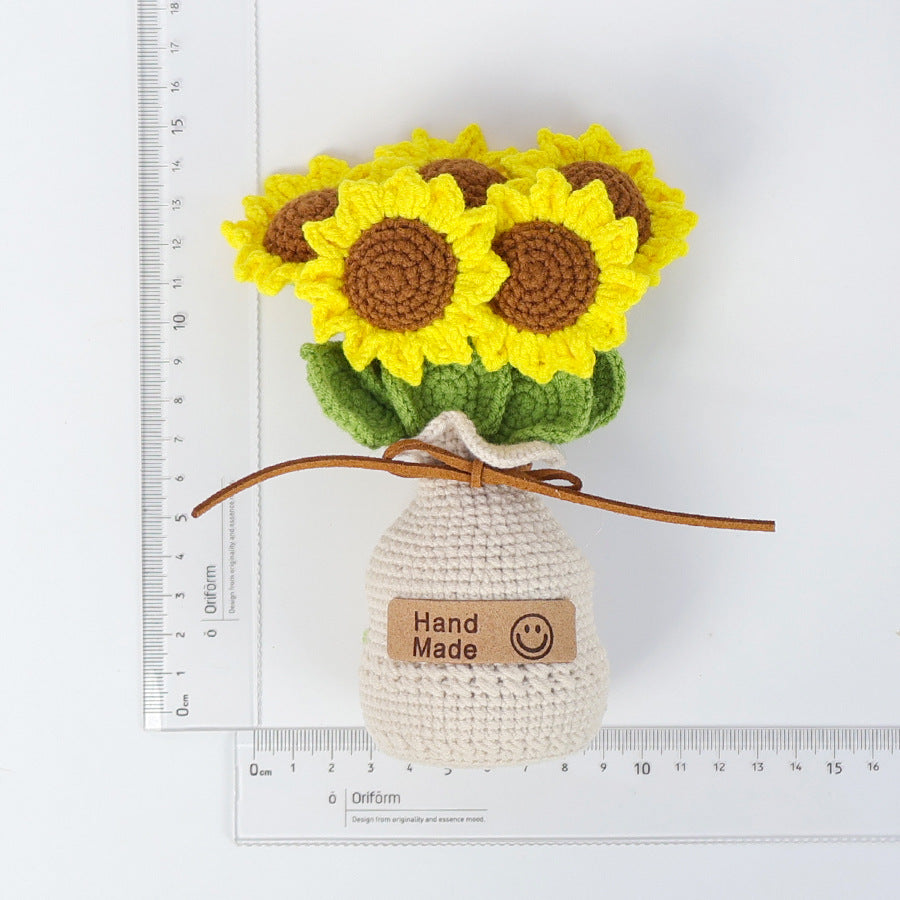 Handmade crocheted wool sunflower potted plant